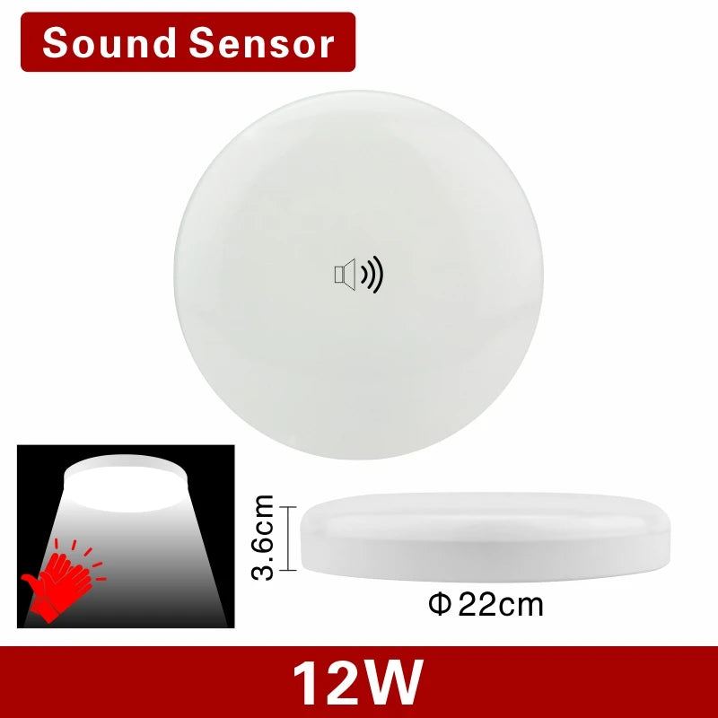 LED PIR Motion Sensor Ceiling Light 12W 24W Modern Lamp Surface Mounted Auto Smart Sounds Control AC 110V 220V Round Panel Light