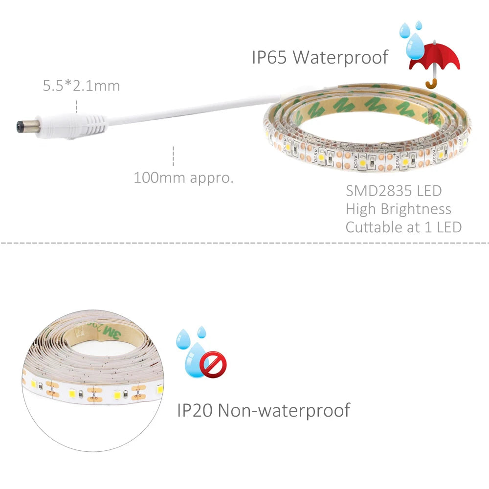Motion Sensor LED Strip Light Battery Operated 50CM 1M 2M 3M 4M 5M LED Tape PIR Sensor for Bedroom Closet Stairs Warm Cool White