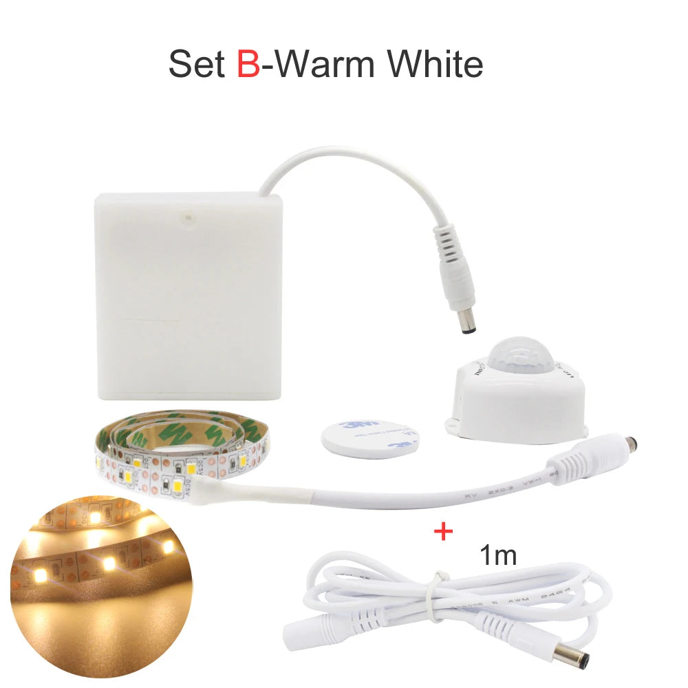 Motion Sensor LED Strip Light Battery Operated 50CM 1M 2M 3M 4M 5M LED Tape PIR Sensor for Bedroom Closet Stairs Warm Cool White
