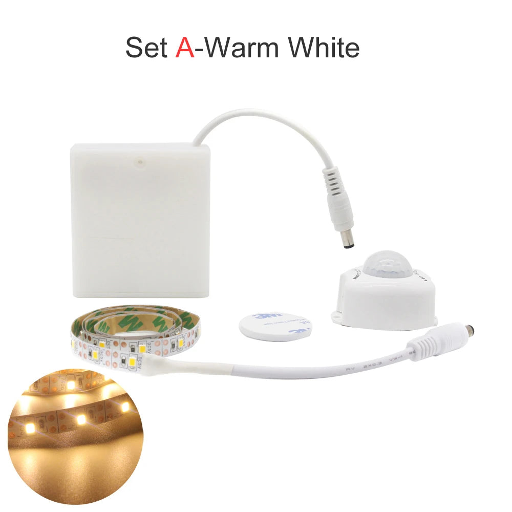 Motion Sensor LED Strip Light Battery Operated 50CM 1M 2M 3M 4M 5M LED Tape PIR Sensor for Bedroom Closet Stairs Warm Cool White