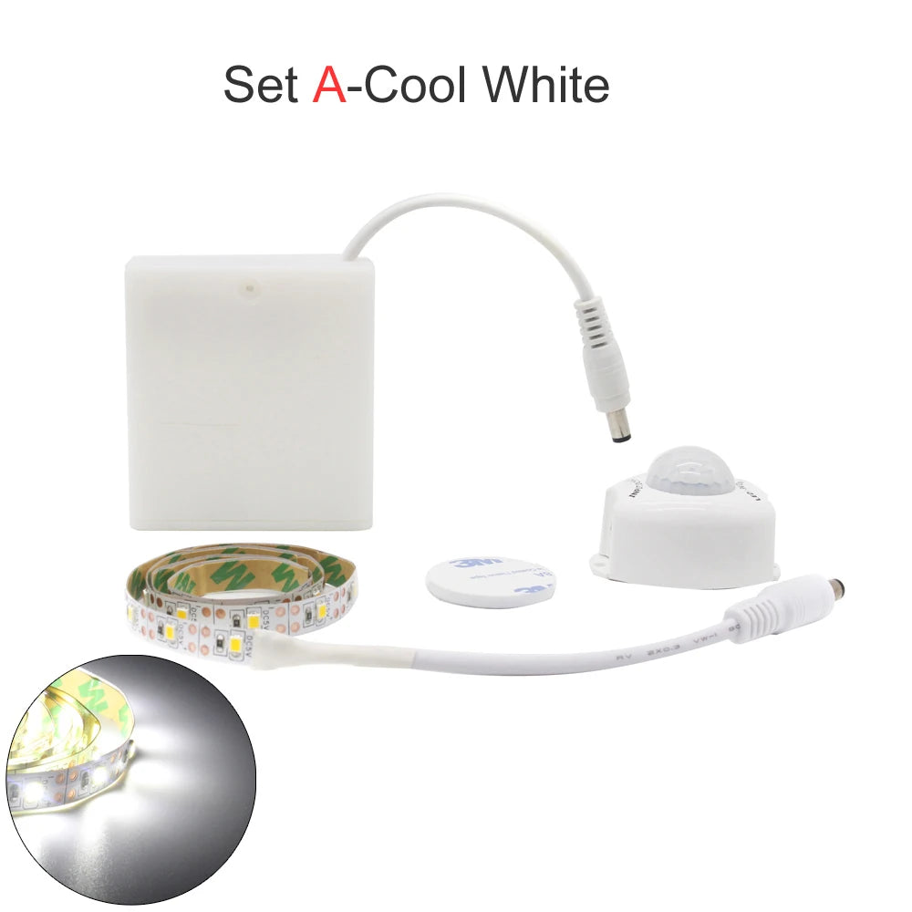 Motion Sensor LED Strip Light Battery Operated 50CM 1M 2M 3M 4M 5M LED Tape PIR Sensor for Bedroom Closet Stairs Warm Cool White