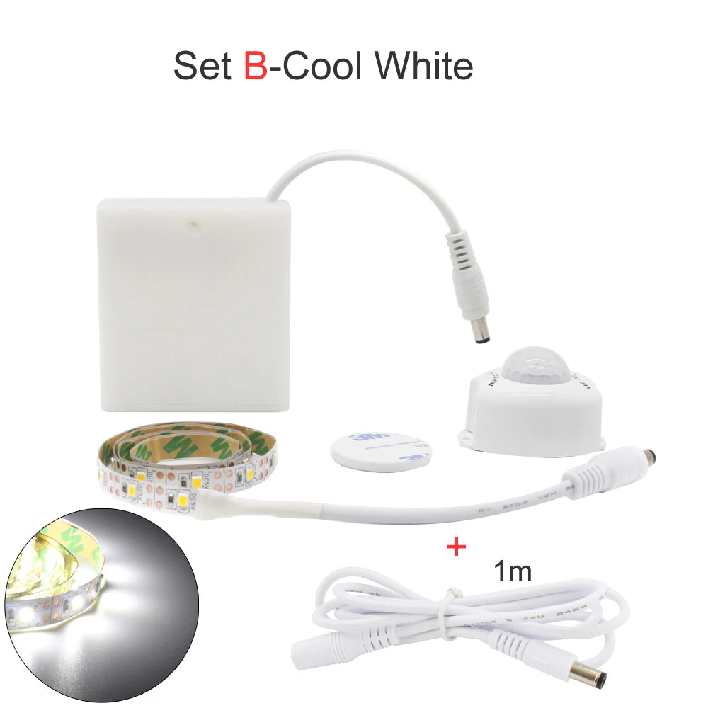 Motion Sensor LED Strip Light Battery Operated 50CM 1M 2M 3M 4M 5M LED Tape PIR Sensor for Bedroom Closet Stairs Warm Cool White