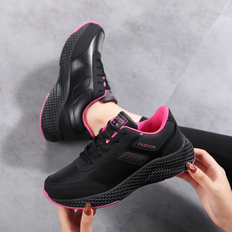 Spring and autumn women's shoes, air cushion, leather surface, waterproof, lightweight, non-slip sports shoes, thick-soled lace-