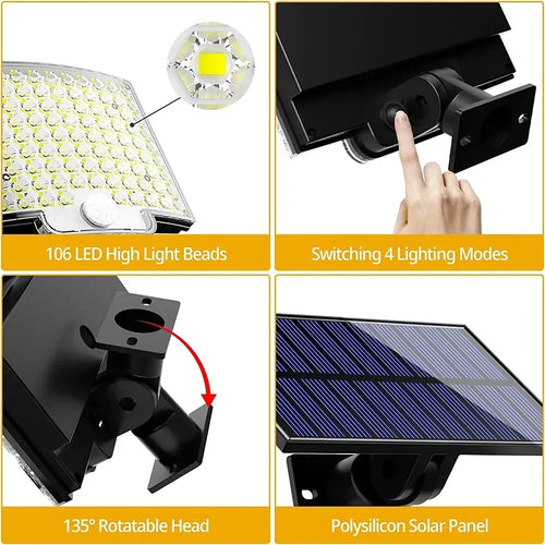 106 LED Solar Motion Sensor Lights with 3 Brightness Modes, Outdoor Wall Lights for Front Door