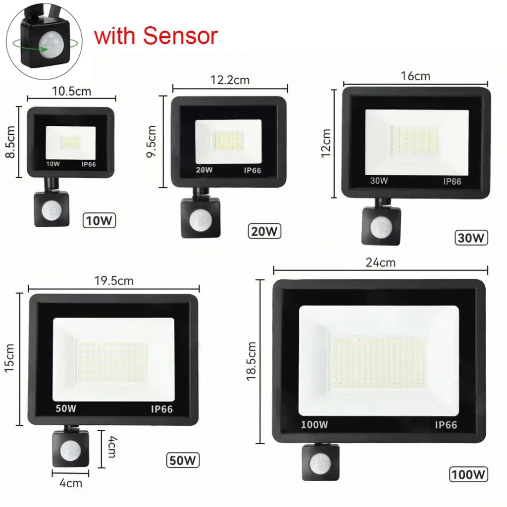 LED Floodlight PIR Motion Sensor Outdoor LED Spotlight100W 50W 30W 20W 10W IP66 Waterproof Wall Light Street Light For Garden