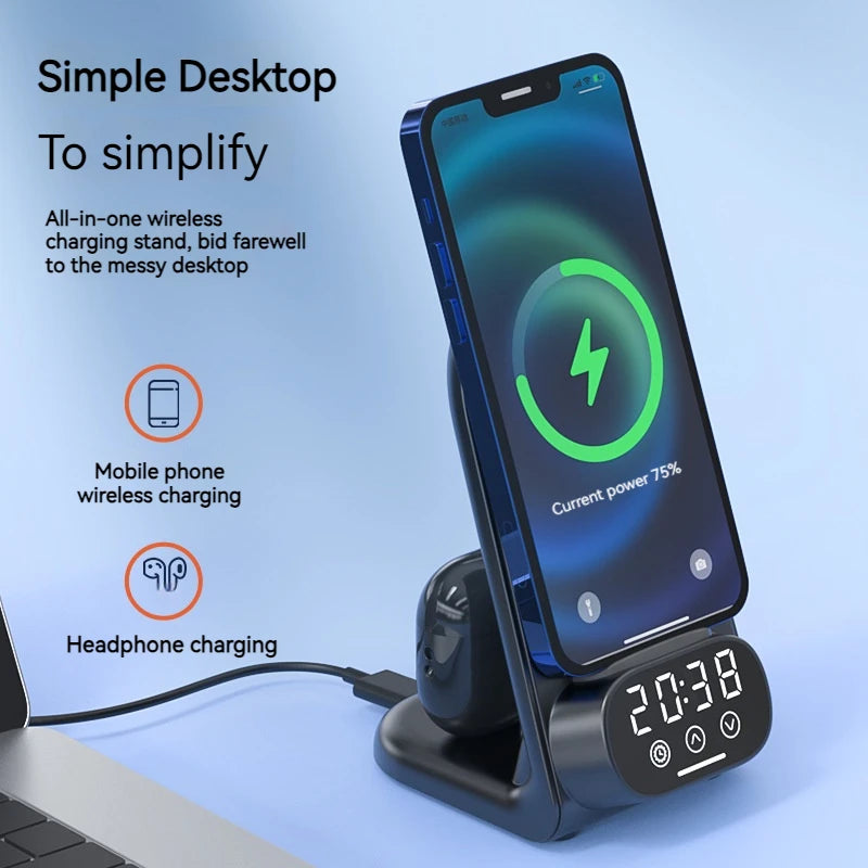 3IN1 Clock Wireless Charger Stand for SmartPhone Type-C Earphone Fast Charger Station for Iphone 15 14 13 12 11 Pro Max Airpods