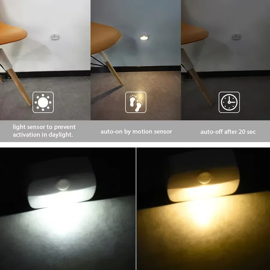 LED Motion Sensor Night Light PIR Intelligent Under Cabinet Light Battery Power Wireless Wall Lamp for Bedroom Hallway Stairs