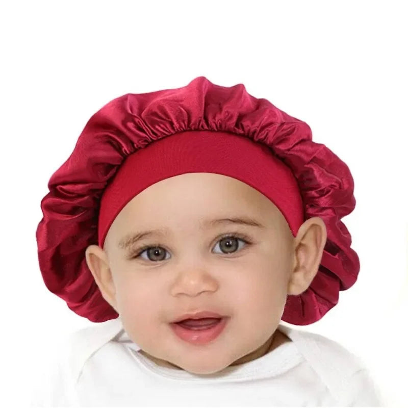 Kids Satin Silk Bonnet Girl Wide Elastic Band Solid Color Night Sleep Hat Hair Accessories Wholesale
