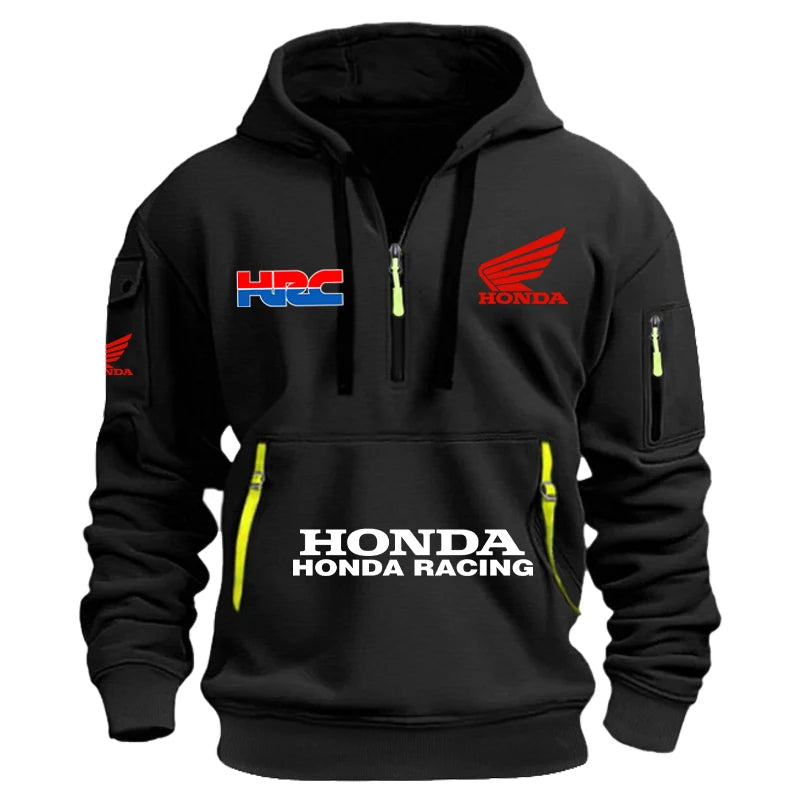 Honda Men's Racing Cap Hoodie for Outdoor Leisure Sports - Spring/Summer Season - Multi-Pockets - Half-Zip Hooded Sweatshirt