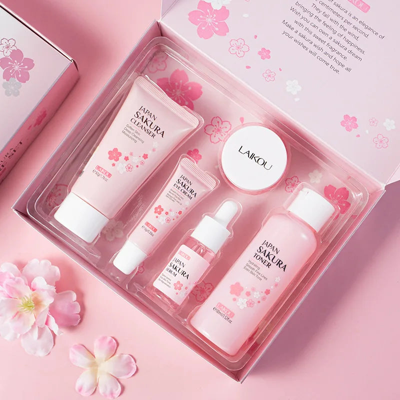 LAIKOU Sakura 5pcs Skin Care Kit Cleanser Toner Serum Eye Cream Essence Cream Moisturizing Beauty Gift Box For Women ﻿