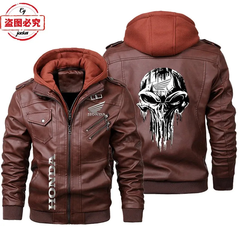 Honda Motorcycle Logo Printed Retro Washed Pu Leather Jacket Windproof Men's Hooded Jacket Honda Leather Jacket Honda Wing Logo