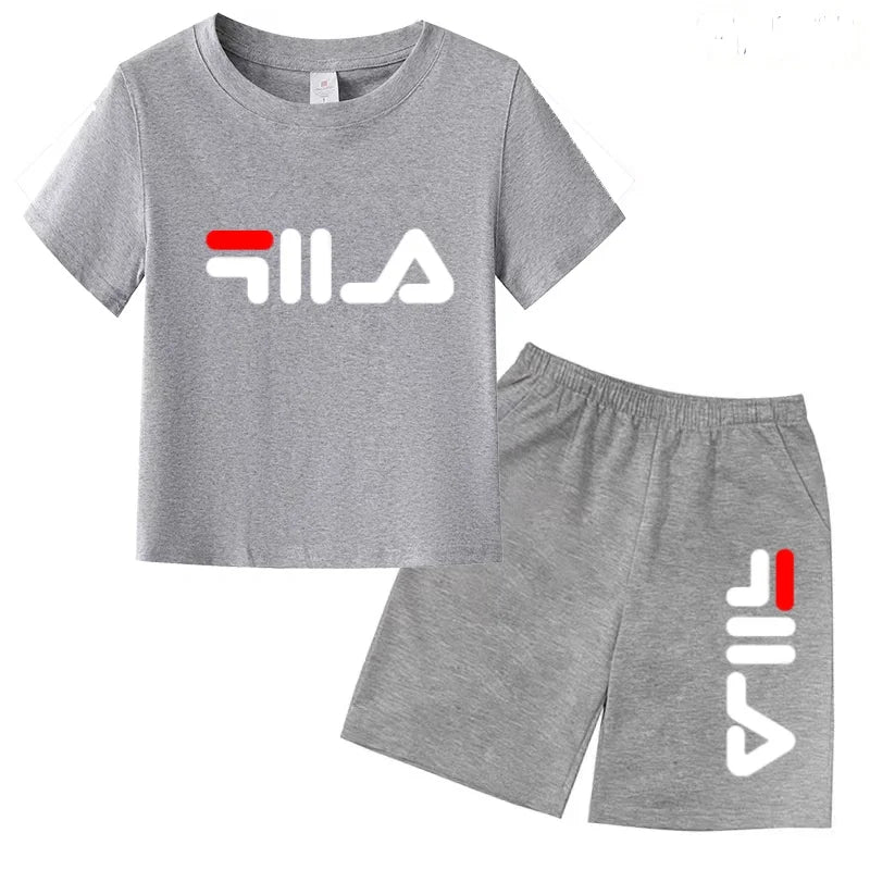 Boys and girls summer casual suit, printed soft cotton T-shirt with adjustable elastic shorts, sports and casual two-piece