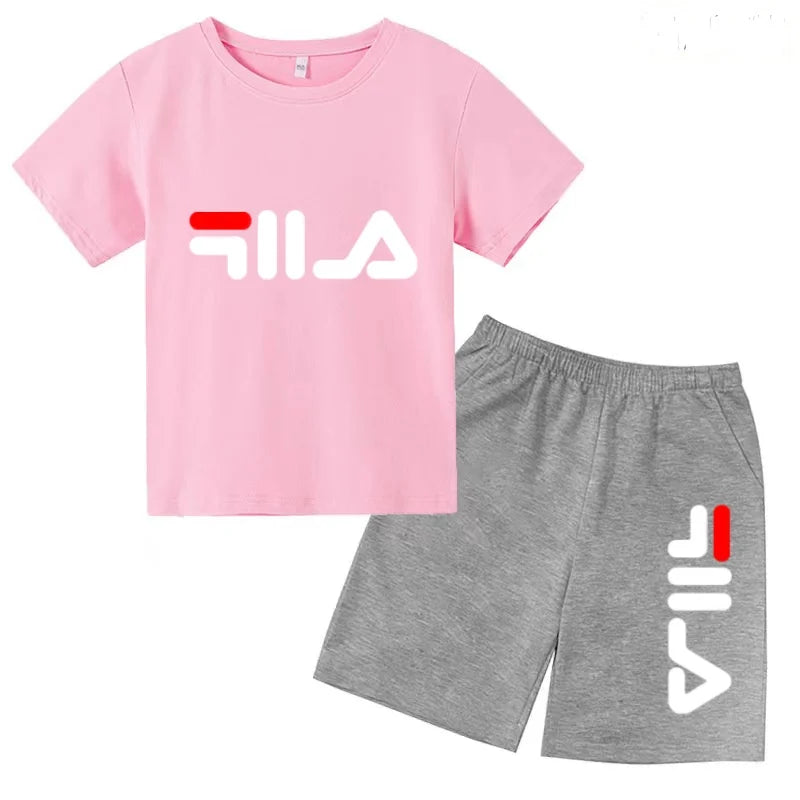 Boys and girls summer casual suit, printed soft cotton T-shirt with adjustable elastic shorts, sports and casual two-piece