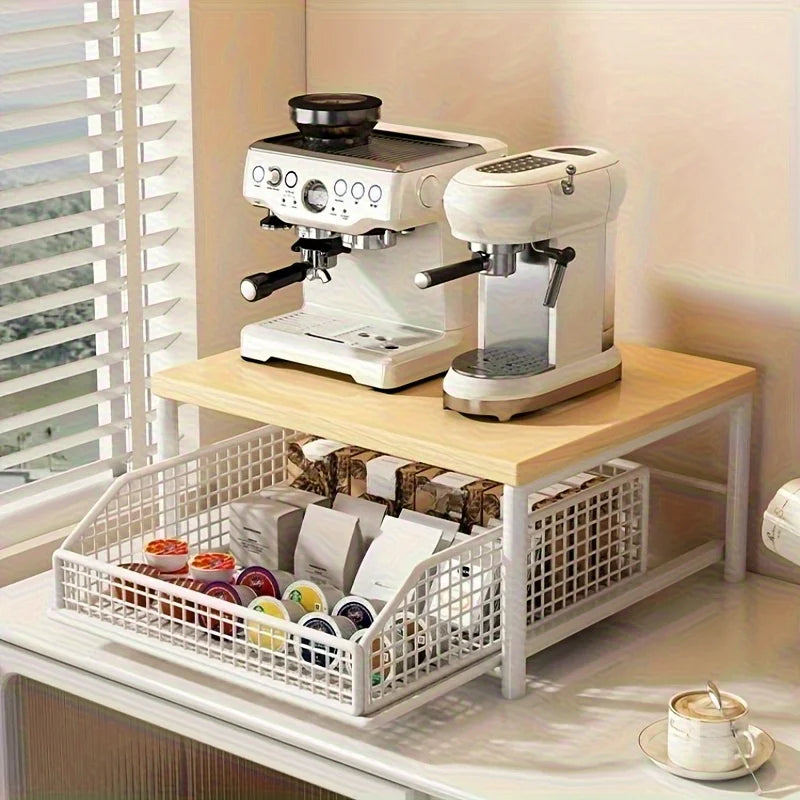 Sturdy Hardwood Space Saving Kitchen Countertop Organizer with Drawer Wire Basket for Coffee Maker