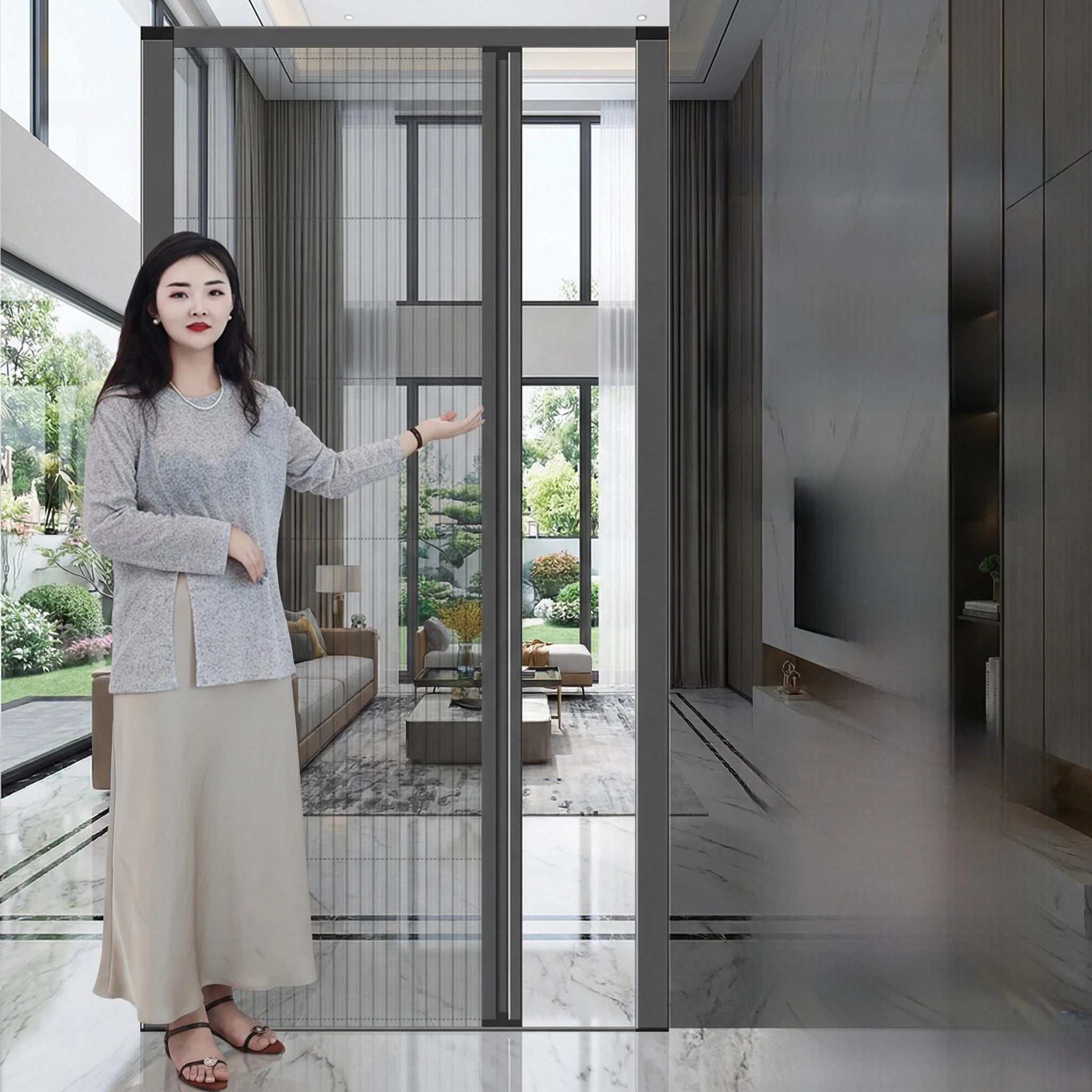 Invisible Mosquito-Proof Aluminum Alloy Sliding Door Curtain Home Entrance Screen Door Retractable Window Mesh Curtain