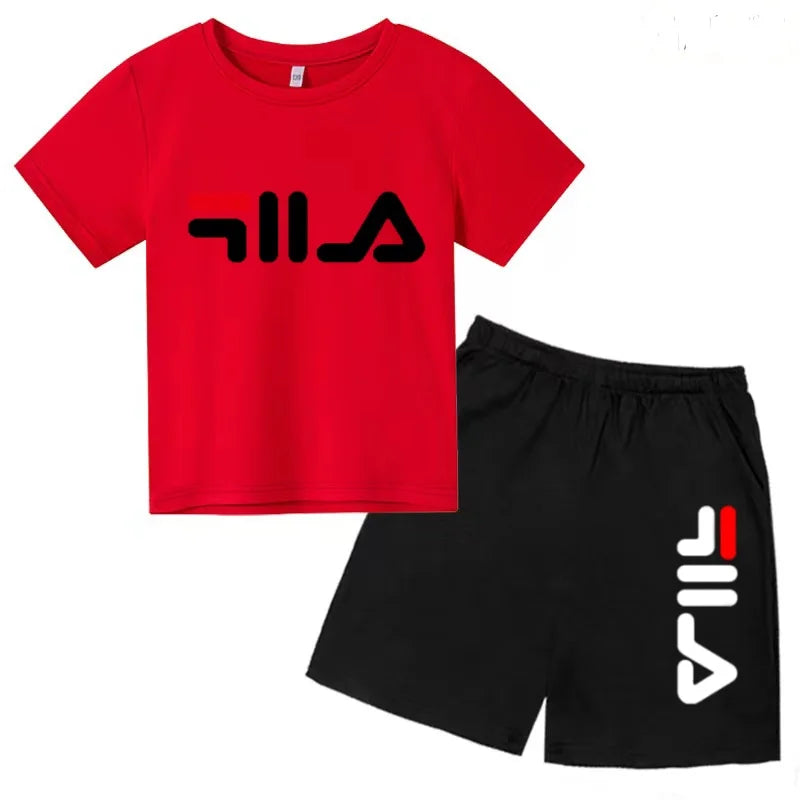 Boys and girls summer casual suit, printed soft cotton T-shirt with adjustable elastic shorts, sports and casual two-piece