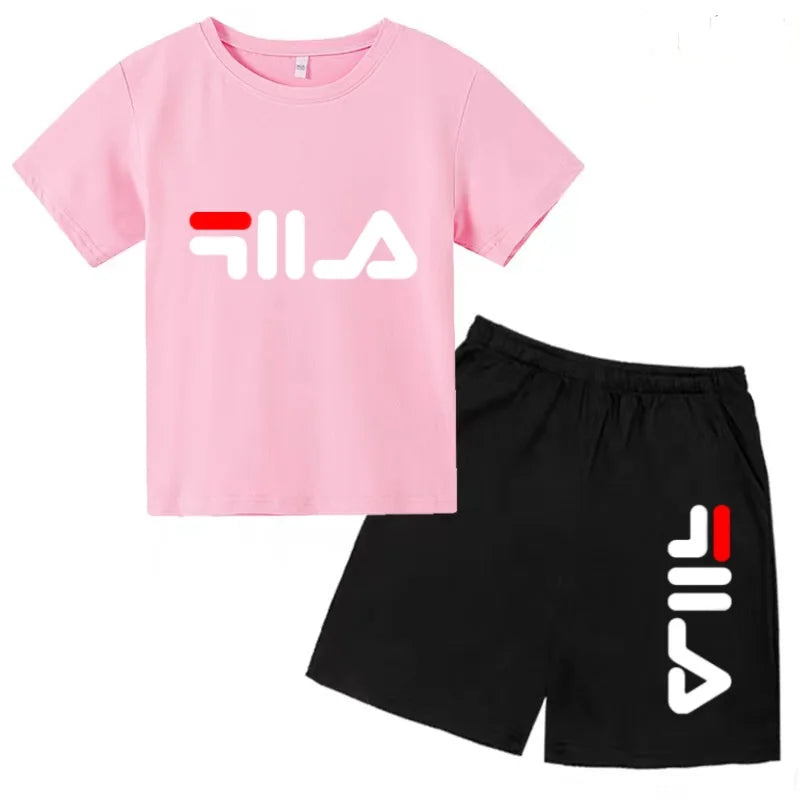 Boys and girls summer casual suit, printed soft cotton T-shirt with adjustable elastic shorts, sports and casual two-piece