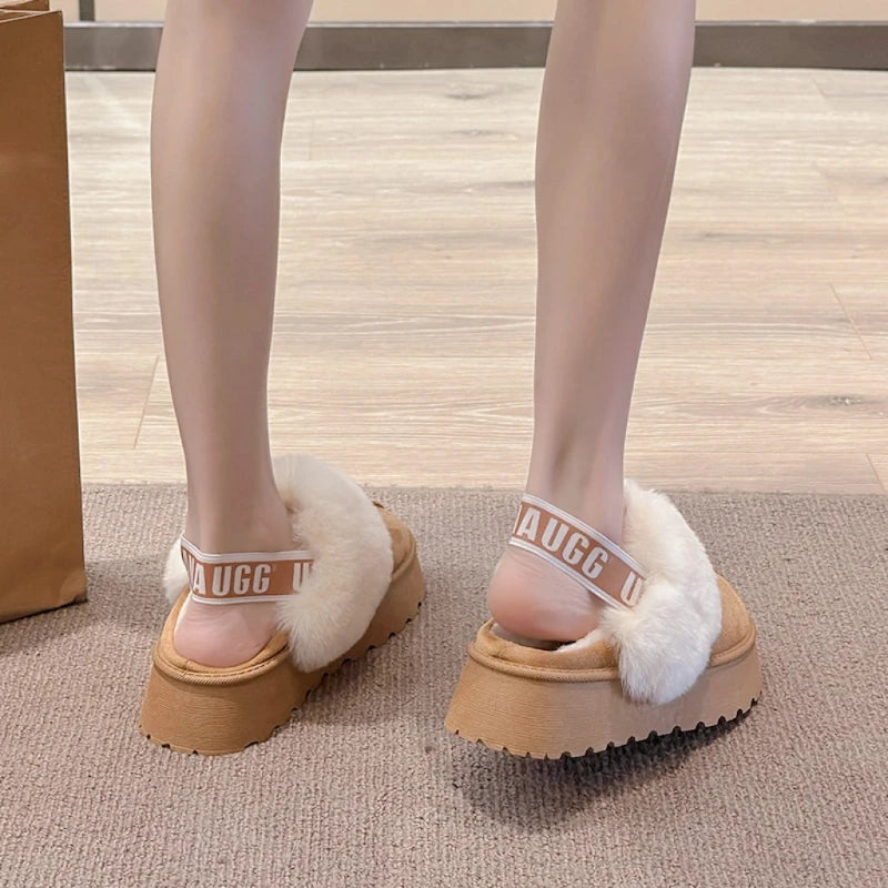 Womens Winter New Fashion Round Toe Designer Thick Bottom Non-slip Slippers Female Outdoor Plush Warm Versatile Cotton Shoes 41