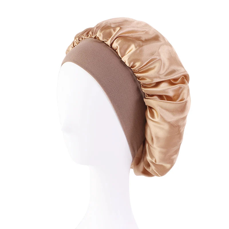 Women's satin solid color sleep cap wide brim, night shower bonnet with elastic band,unisex hair protection for sleeping&bathing