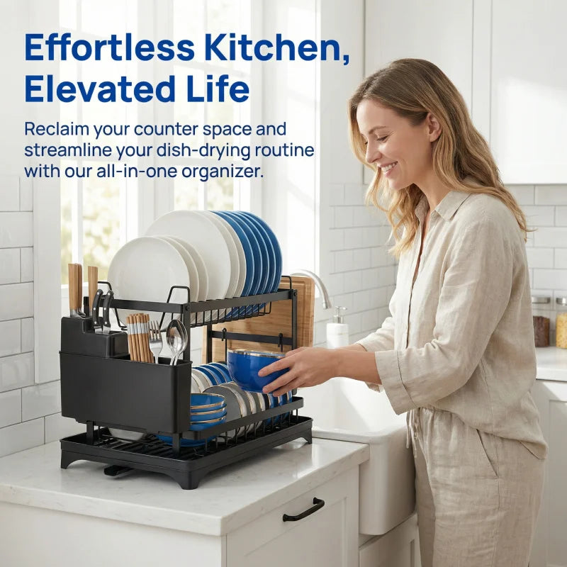 Kitchen Dish Drying Drain Rack Countertop Storage Rack with Cup Dish Knife Chopsticks Holder Home Kitchen Organizer