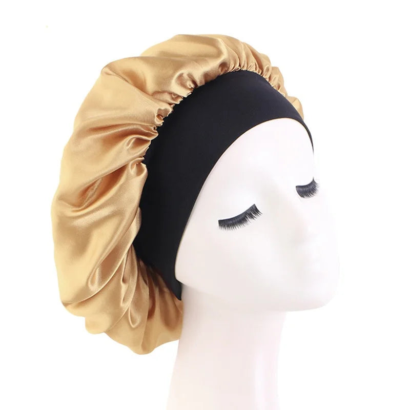 Women's Satin Solid Bonnets Wide-brimmed Night Sleeping Bathing Hat Unisex Head Wrap Elastic Band Cap Hair Care Bonnet