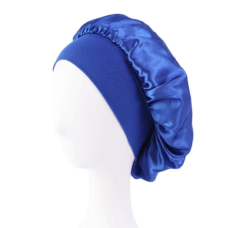 Women's satin solid color sleep cap wide brim, night shower bonnet with elastic band,unisex hair protection for sleeping&bathing