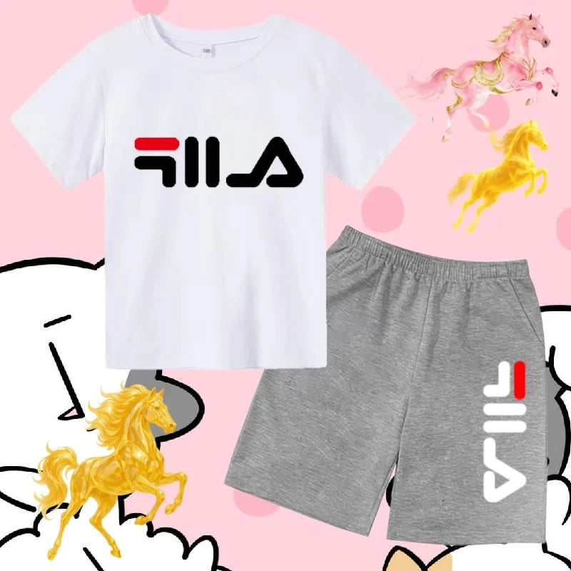 Boys and girls summer casual suit, printed soft cotton T-shirt with adjustable elastic shorts, sports and casual two-piece