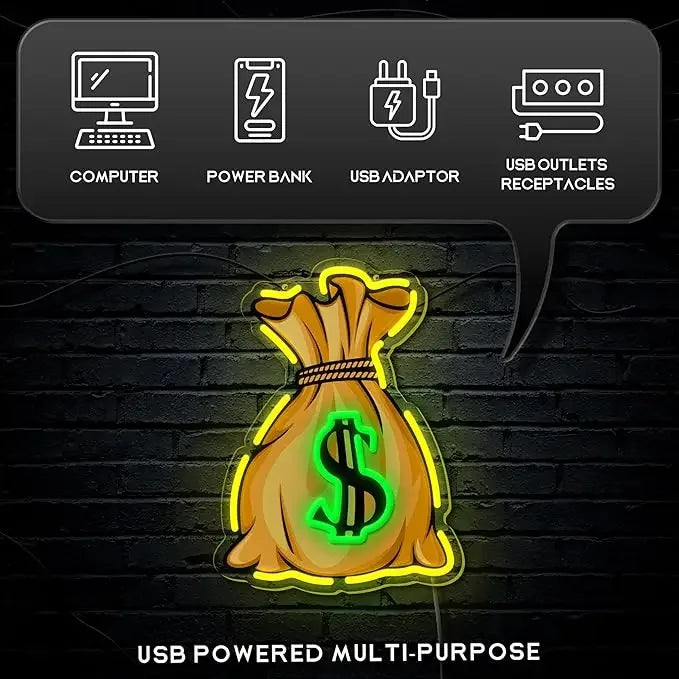 Money Bag with Dollar Sign Neon Sign Motivating LED Wall Light for Home Office Gameroom Bar Decor Wealth Theme Ambiance Lighting