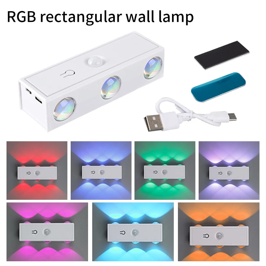 6Leds Double-head Motion Sensor Light 3Colors/RGB Night Light USB Rechargeable Magnetic Wall Lamp Touch Dimming Bedside Lighting