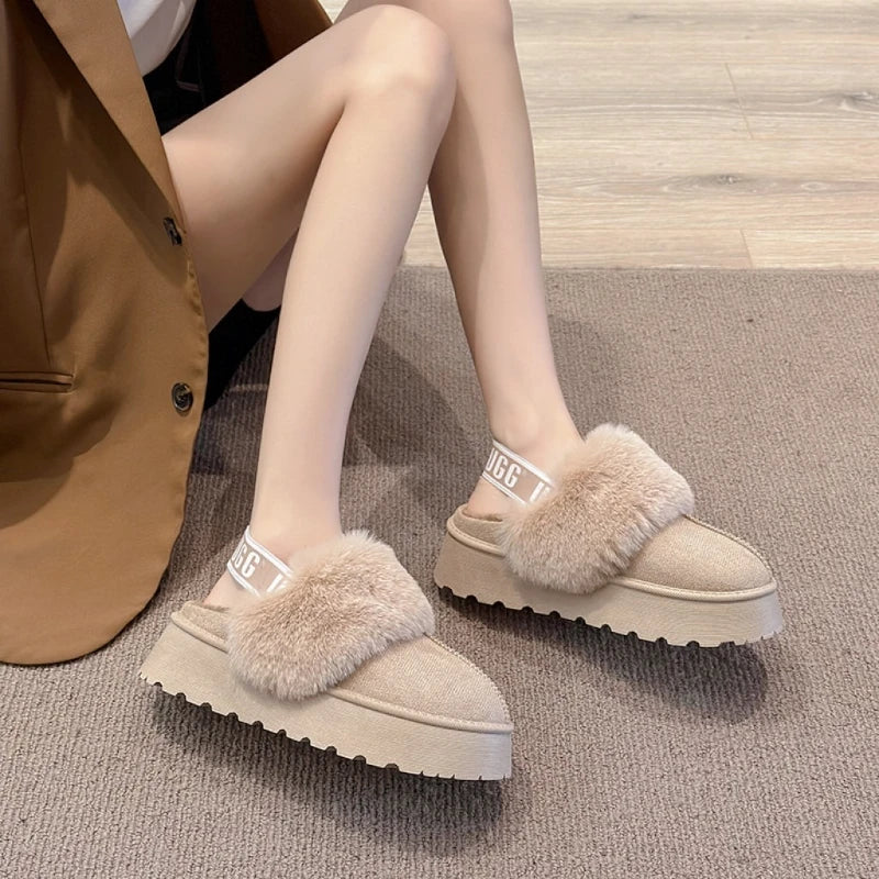 Womens Winter New Fashion Round Toe Designer Thick Bottom Non-slip Slippers Female Outdoor Plush Warm Versatile Cotton Shoes 41