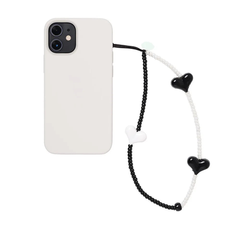 KKBEAD Kpop Black Matte Beads Phone Charm Pink Heart Strap Jewelry Korean Stars Phone Chains Lanyard Cellphone Accessories