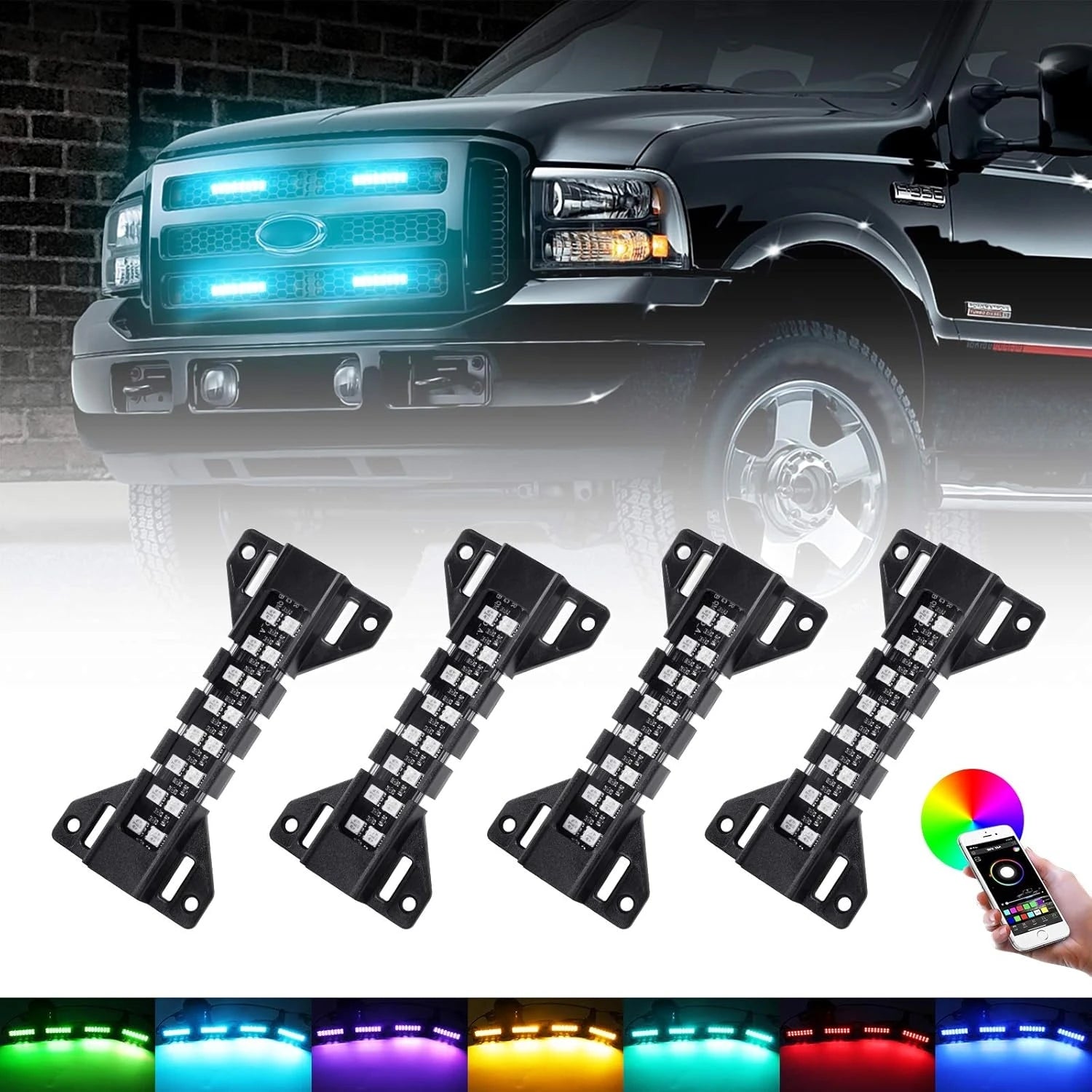 LED Grille Lights for Trucks 4 Pods Front Grill Light Smartphone APP Control/Music/Timing/Flashing Strobe Modes for Ram F150 F25