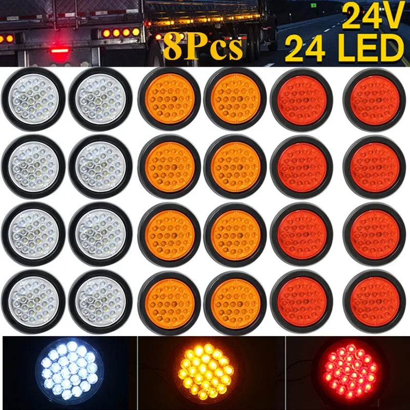 8Pcs 24V 24 LED Round Car Rear Tail Light Brake Stop Side Marker Turn Warning Indicator Lamp Truck Trailer Reflector ATV RV Bus