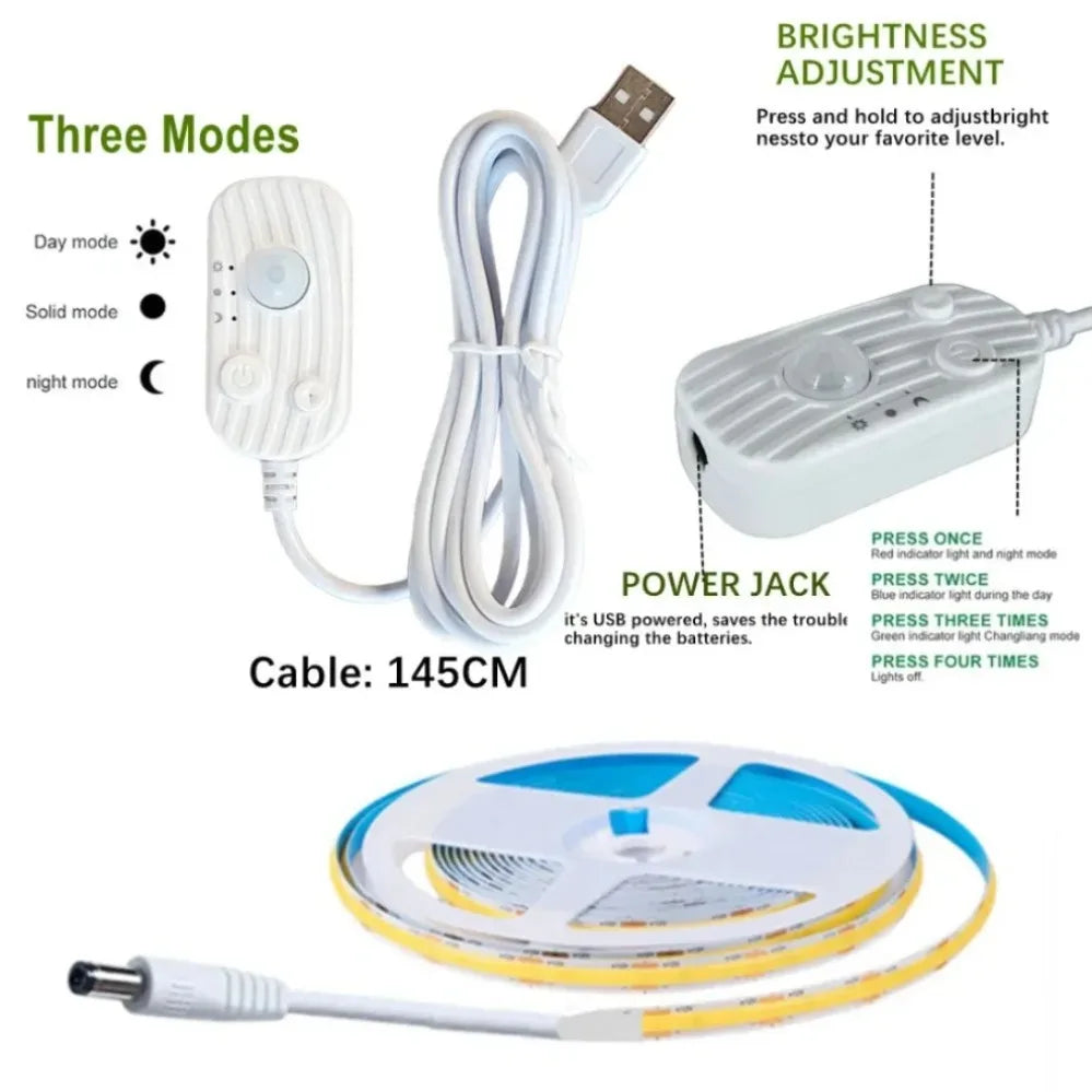 Motion Sensor Led COB Light Strip DC 5V Usb Powered Auto ON/OFF Liner Lighting Diode for Cabinet Wardrobe Kitchen Staircase