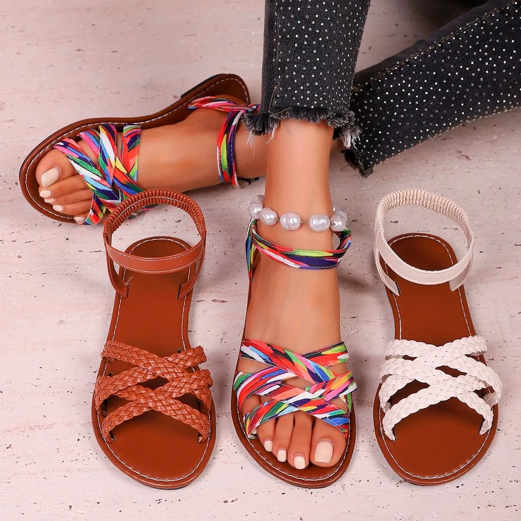 Shoes for Women 2026 Summer New Women Flat Sandals Bottom Roman Strap Sandals with Non Slip Rubber Soles Ladies Daily Sandalia