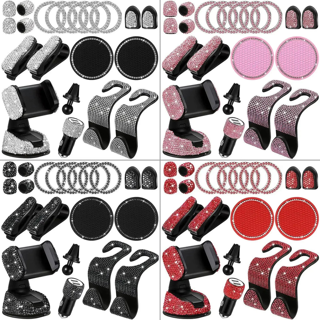 Set of 20 Shiny Crystal Car Accessories Kit for Women Car Phone Holder Mount ,Car Monitor Glasses Holders ,Car Drink Coasters
