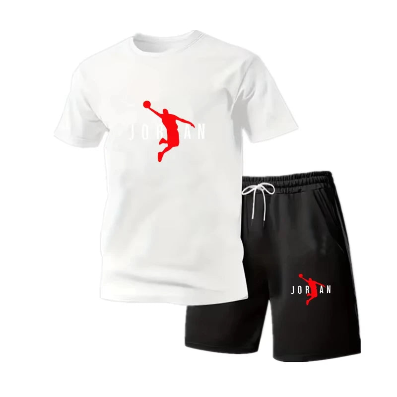 Trendy Youth Mens 2Pcs Casual Tracksuit Short Sleeve Graphic Tee + Sports Shorts Daily Outdoor Workout Clothing