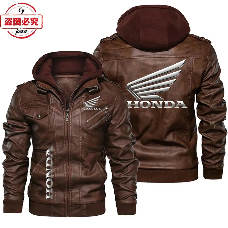 Honda Motorcycle Logo Printed Retro Washed Pu Leather Jacket Windproof Men's Hooded Jacket Honda Leather Jacket Honda Wing Logo
