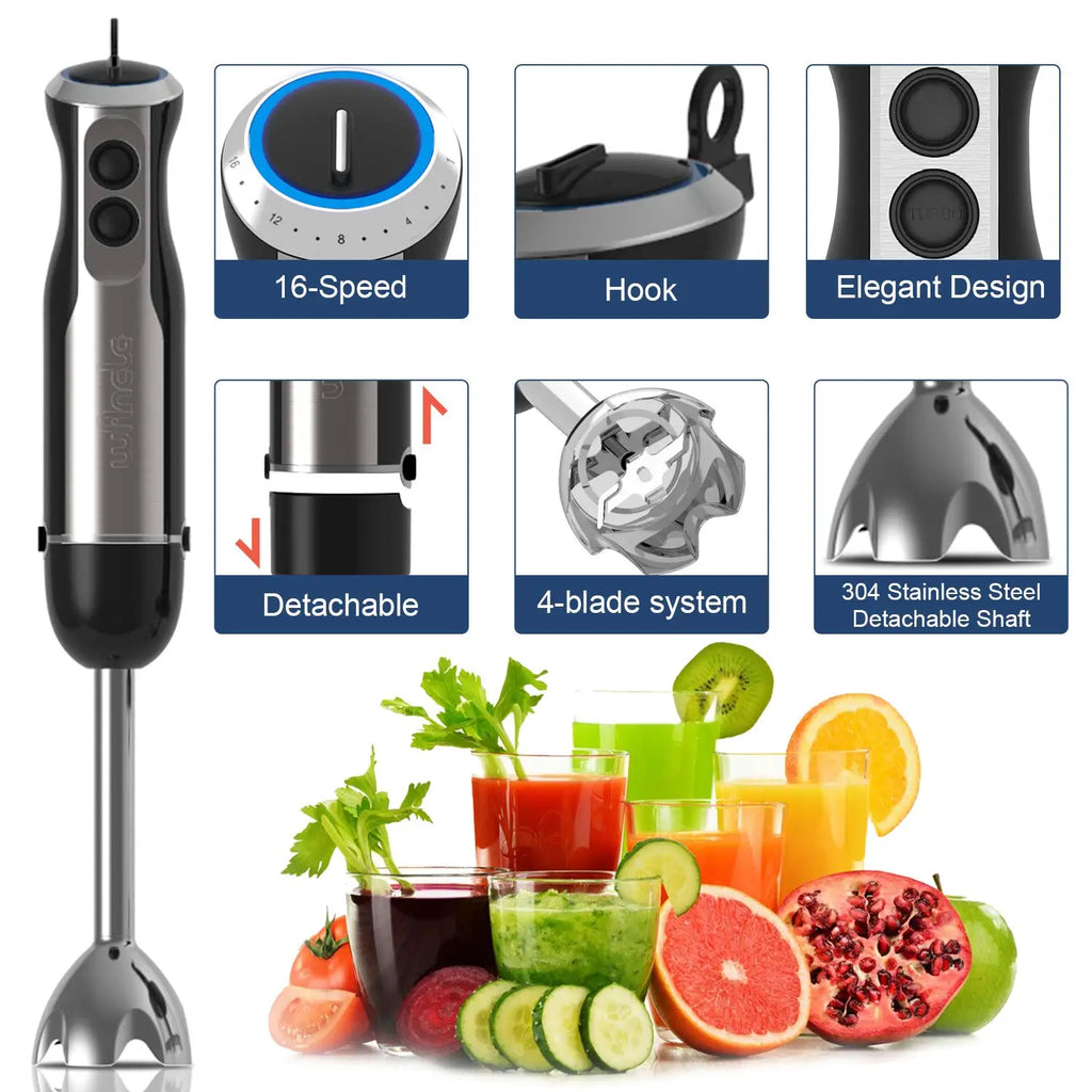 Wancle 1000W Immersion Hand Blender 4 in 1 Powerful Stick Blender Mixer 16 Speeds Adjustable for Protein Shakes Whipped Cream