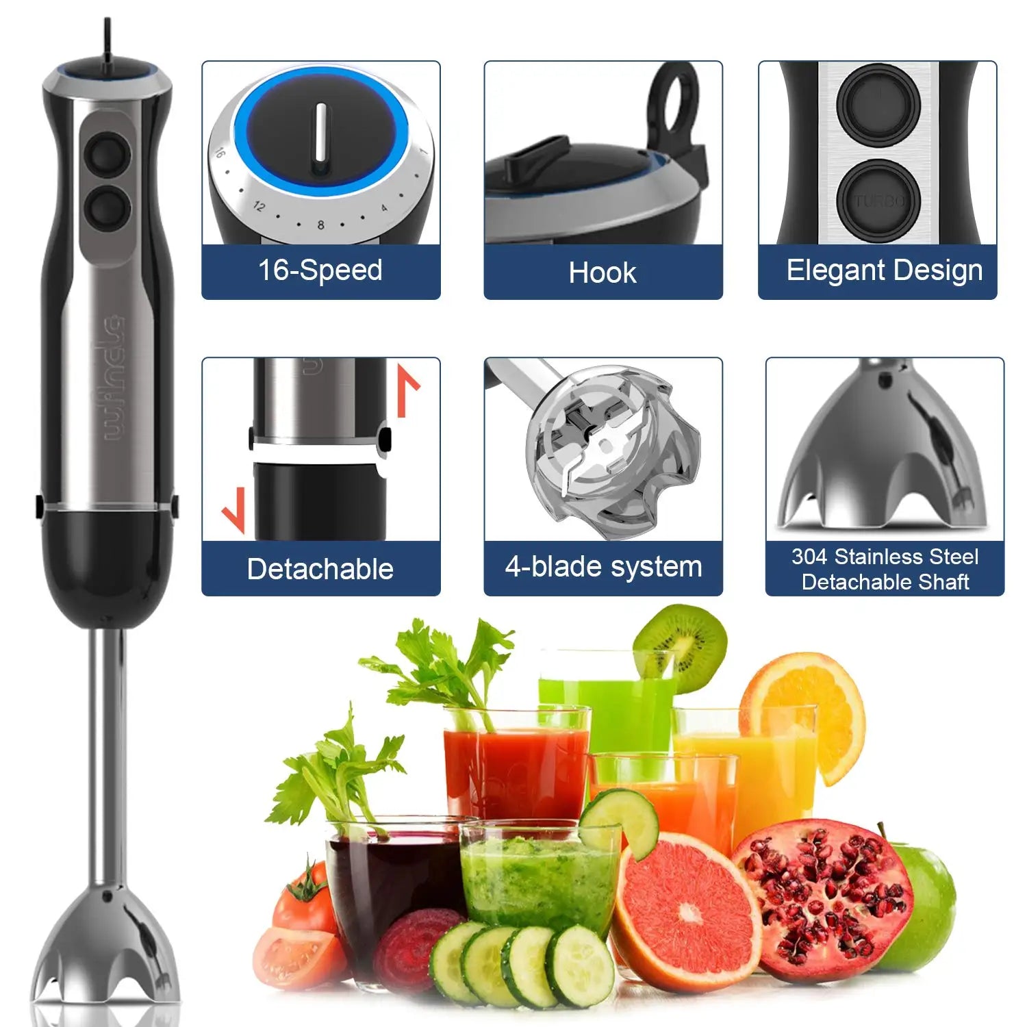 Wancle 1000W Immersion Hand Blender 4 in 1 Powerful Stick Blender Mixer 16 Speeds Adjustable for Protein Shakes Whipped Cream