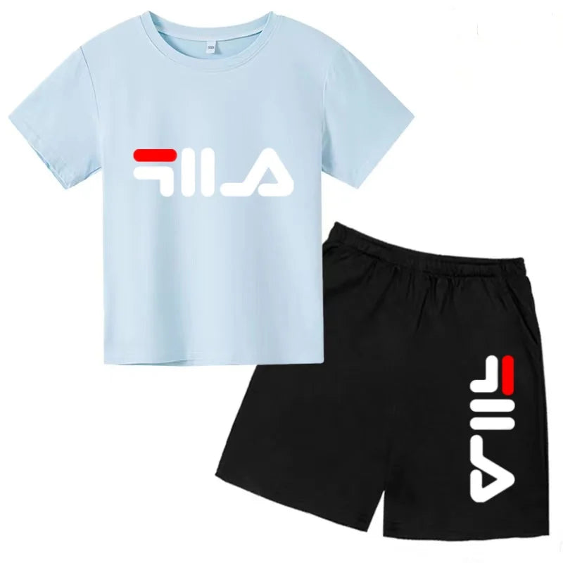 Boys and girls summer casual suit, printed soft cotton T-shirt with adjustable elastic shorts, sports and casual two-piece