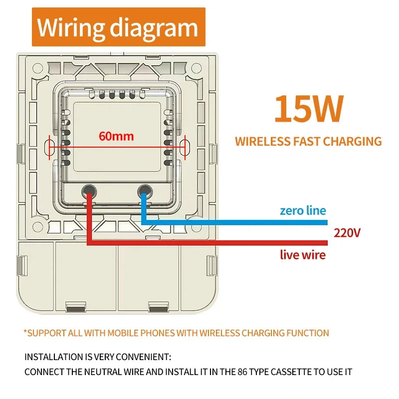 QI Universal Flush Wall Mount Wireless Charger -15W Fast Charging Stand for Phones,AC 110–220V