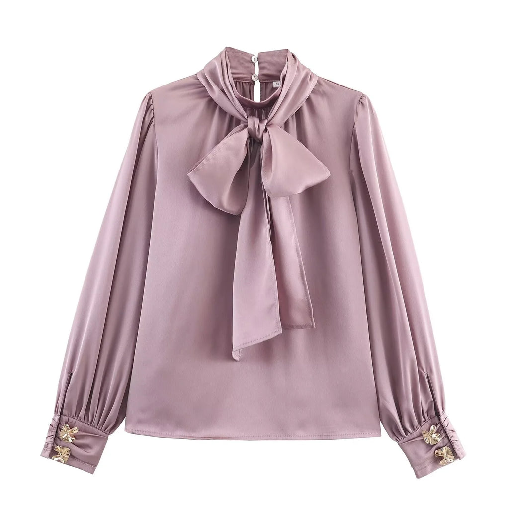 Women Bow Satin Blouse Spring Autumn Female Long Sleeve Elegant Shirt Lady Lantern Sleeve Sweet Casual Commute Blouse-Shirts