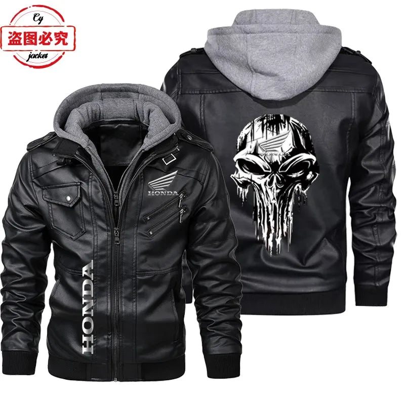 Honda Motorcycle Logo Printed Retro Washed Pu Leather Jacket Windproof Men's Hooded Jacket Honda Leather Jacket Honda Wing Logo