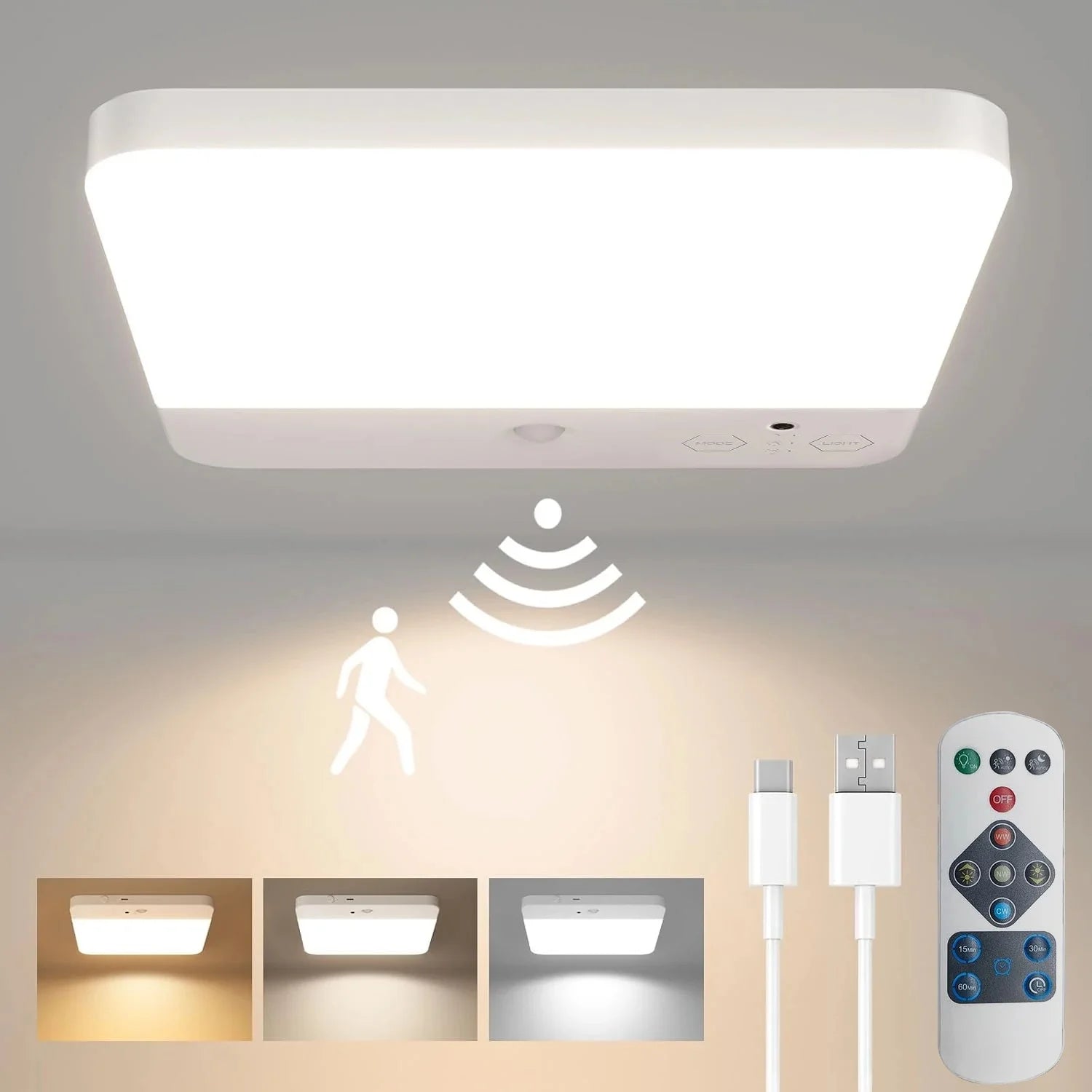 Cordless LED Motion Sensor Night Light, 4000mAh USB Rechargeable LED Light with Remote Control, Smart Sensor Light for Stair Cab