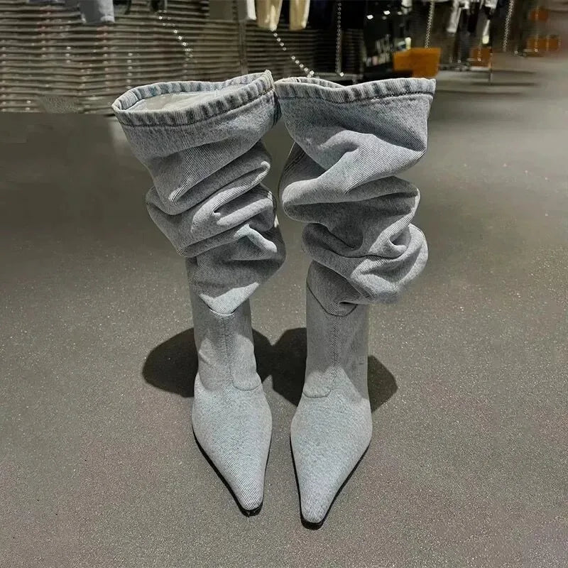 2026 New Women Shoes Fashion Stack Canvas Cowboy Boots for Woman Exquisite Pointed Tip Knee High Boot Designer Shoes Botas Mujer
