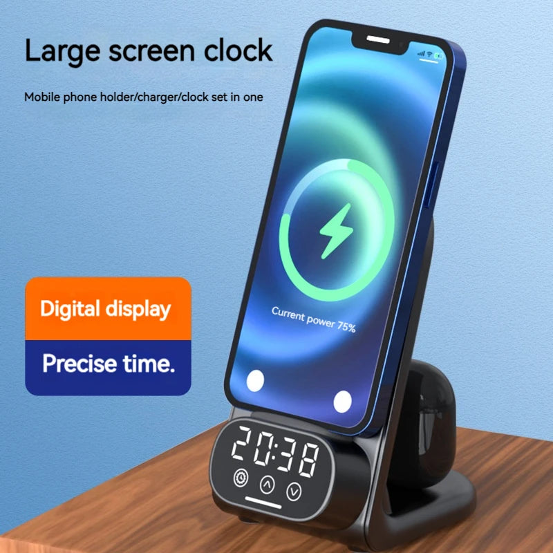 3IN1 Clock Wireless Charger Stand for SmartPhone Type-C Earphone Fast Charger Station for Iphone 15 14 13 12 11 Pro Max Airpods