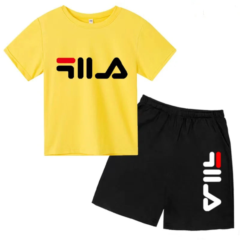 Boys and girls summer casual suit, printed soft cotton T-shirt with adjustable elastic shorts, sports and casual two-piece