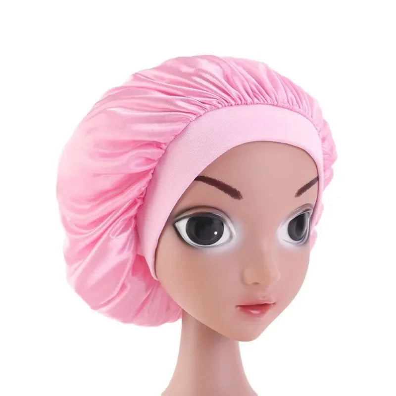 Kids Satin Silk Bonnet Girl Wide Elastic Band Solid Color Night Sleep Hat Hair Accessories Wholesale