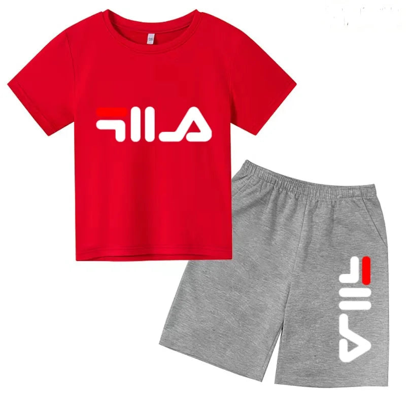 Boys and girls summer casual suit, printed soft cotton T-shirt with adjustable elastic shorts, sports and casual two-piece